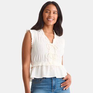 Textured Tie Front Blouse, White